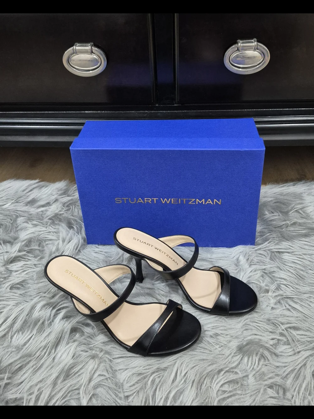 STUART WEITZMAM Nudist Slide 85 Black Suede Strappy High-Heel Sandals Size 7.5B